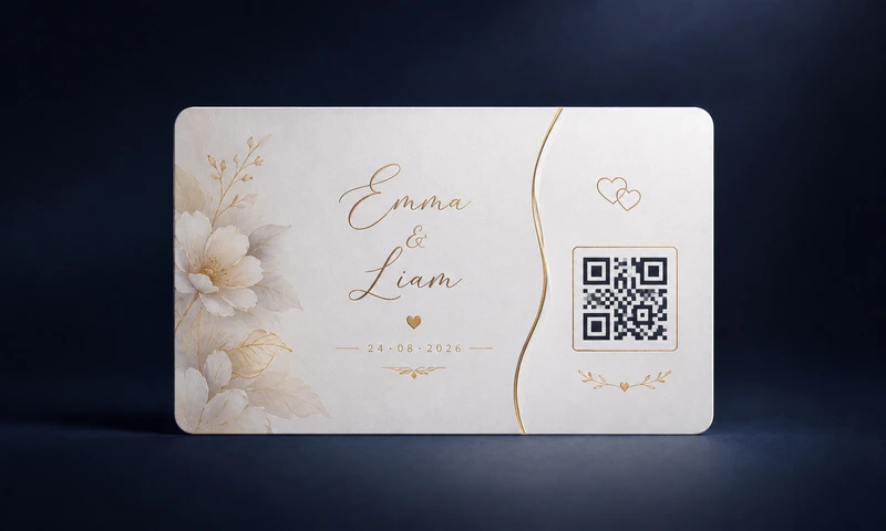 Stilvolle Hochzeitseinladung mit QR-Code für Eventdetails, Gästeinformationen, Anfahrt oder digitale Zusagen