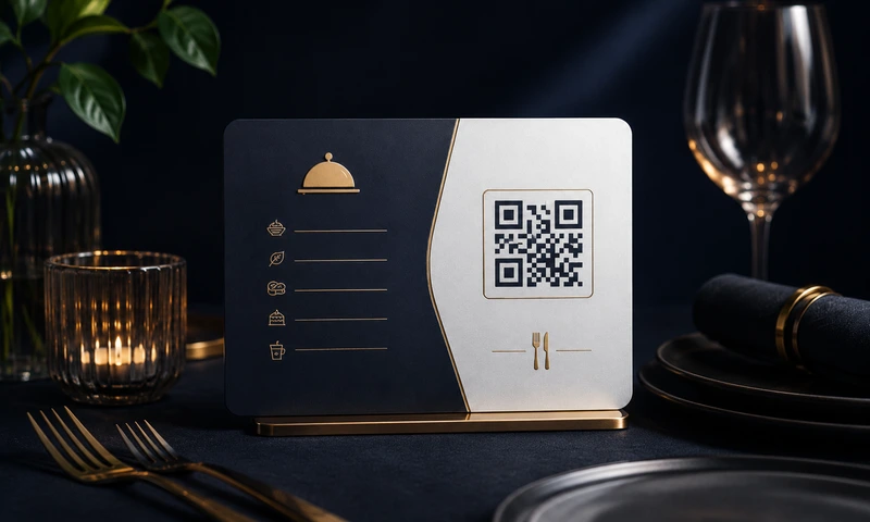 Elegante Speisekarte mit QR-Code auf einem Restauranttisch, ideal für digitale Menüs, Reservierungen und Gästeinformationen