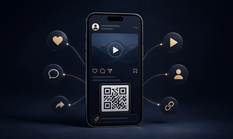 Smartphone mit Social-Media-QR-Code und Sharing-Symbolen, ideal zum Verlinken von Profilen, Videos und Online-Inhalten